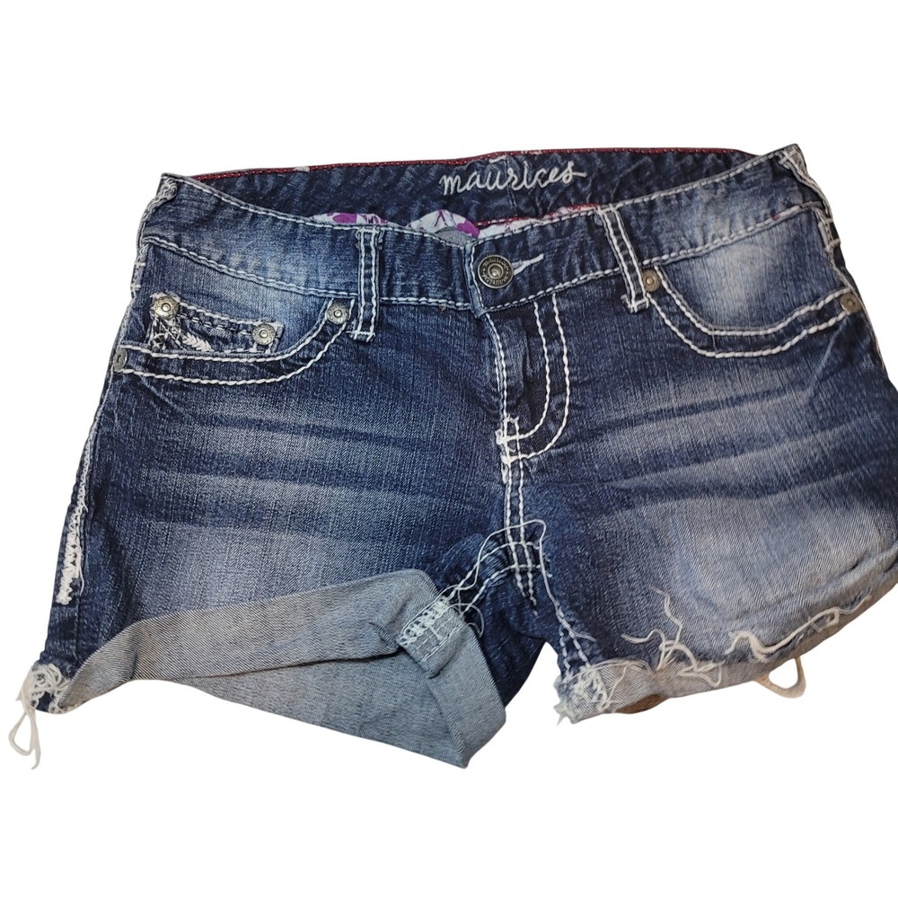Maurices Womens Jean Shorts Blue Denim Thick Stitch Cut Off Size 5/6